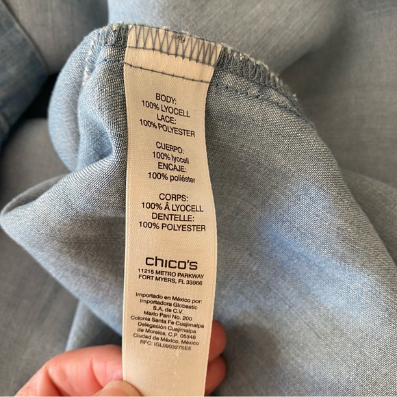 CHICO'S SIZE 0 (US Sz 4) OFF THE SHOULDER EMBROIDERED CHAMBRAY LACE DENIM DRESS - Picture 9 of 14